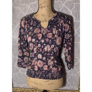 Lucky Brand Border Peasant Top Sz S Floral Blouse Gypsy Boho Geometric Aztec EUC